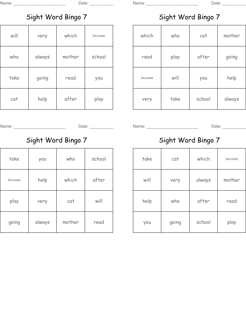 Sight Word Bingo 7