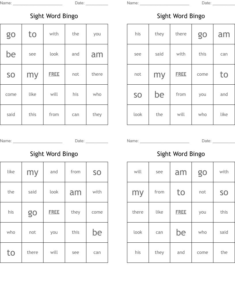 Sight Word Bingo