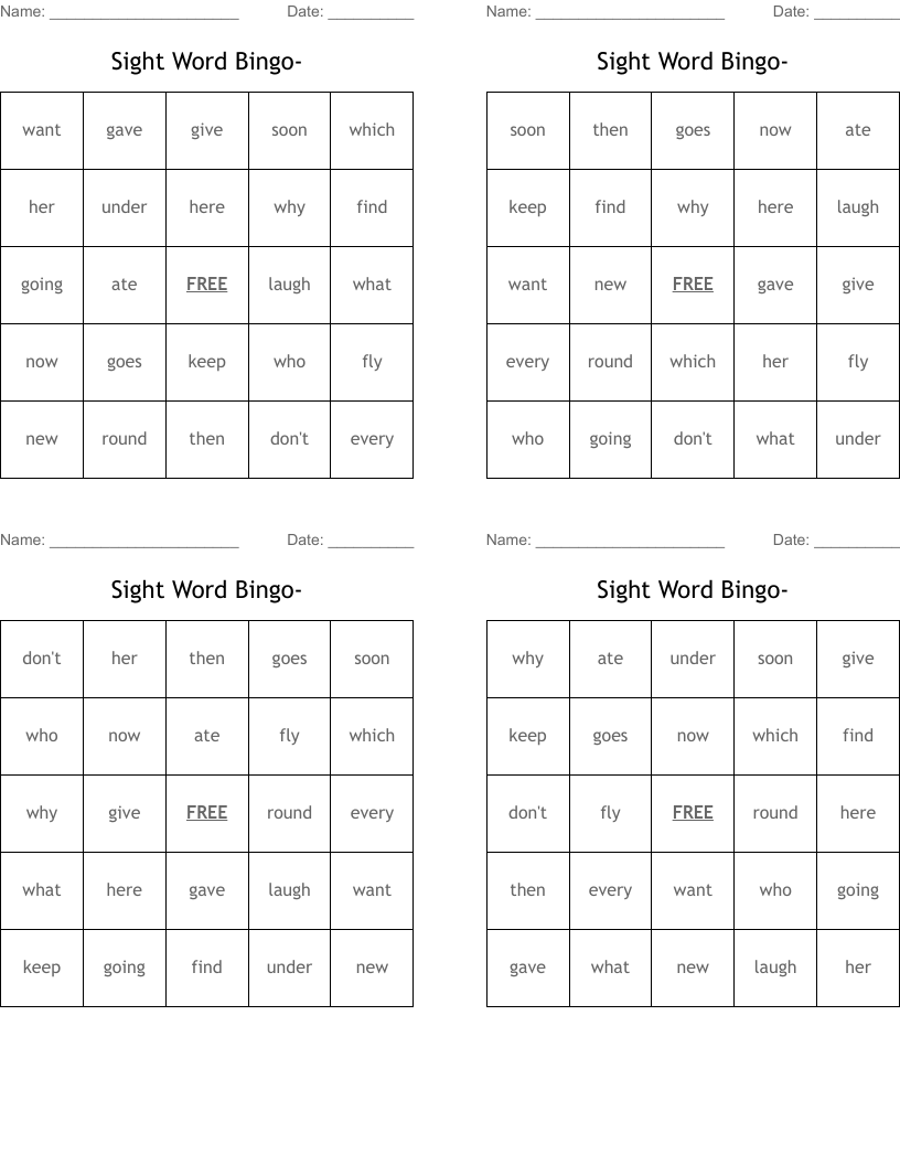 Sight Word Bingo-