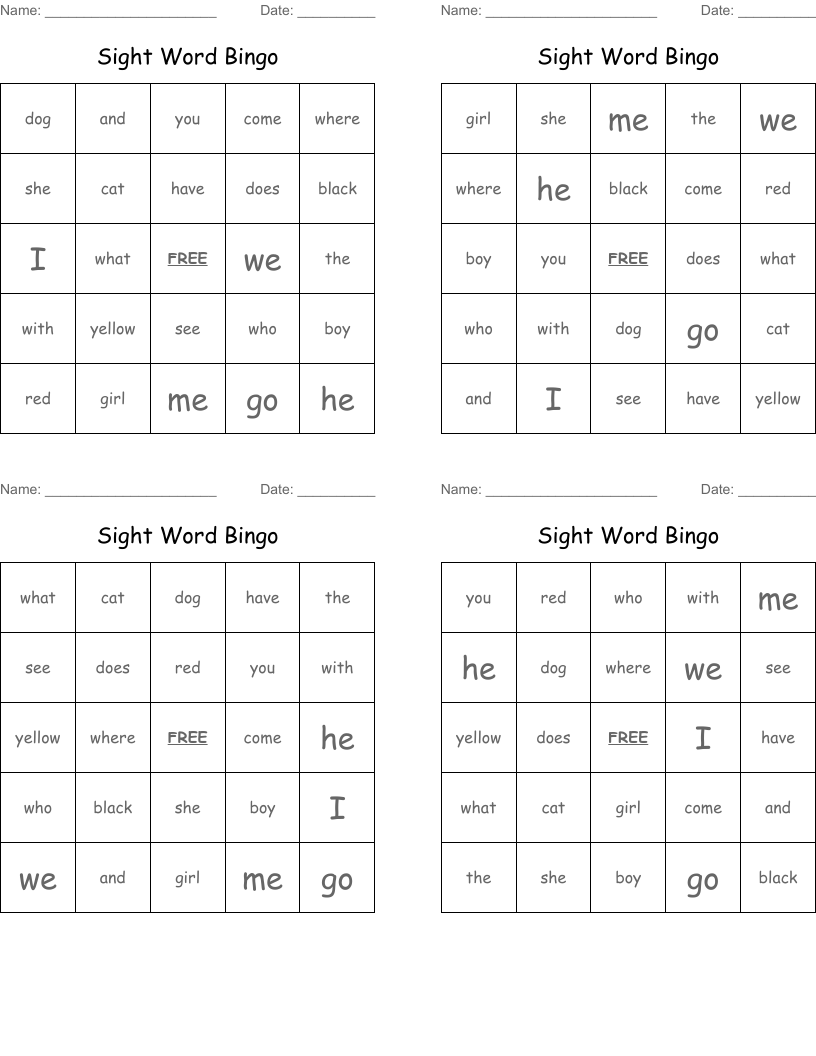 Sight Word Bingo