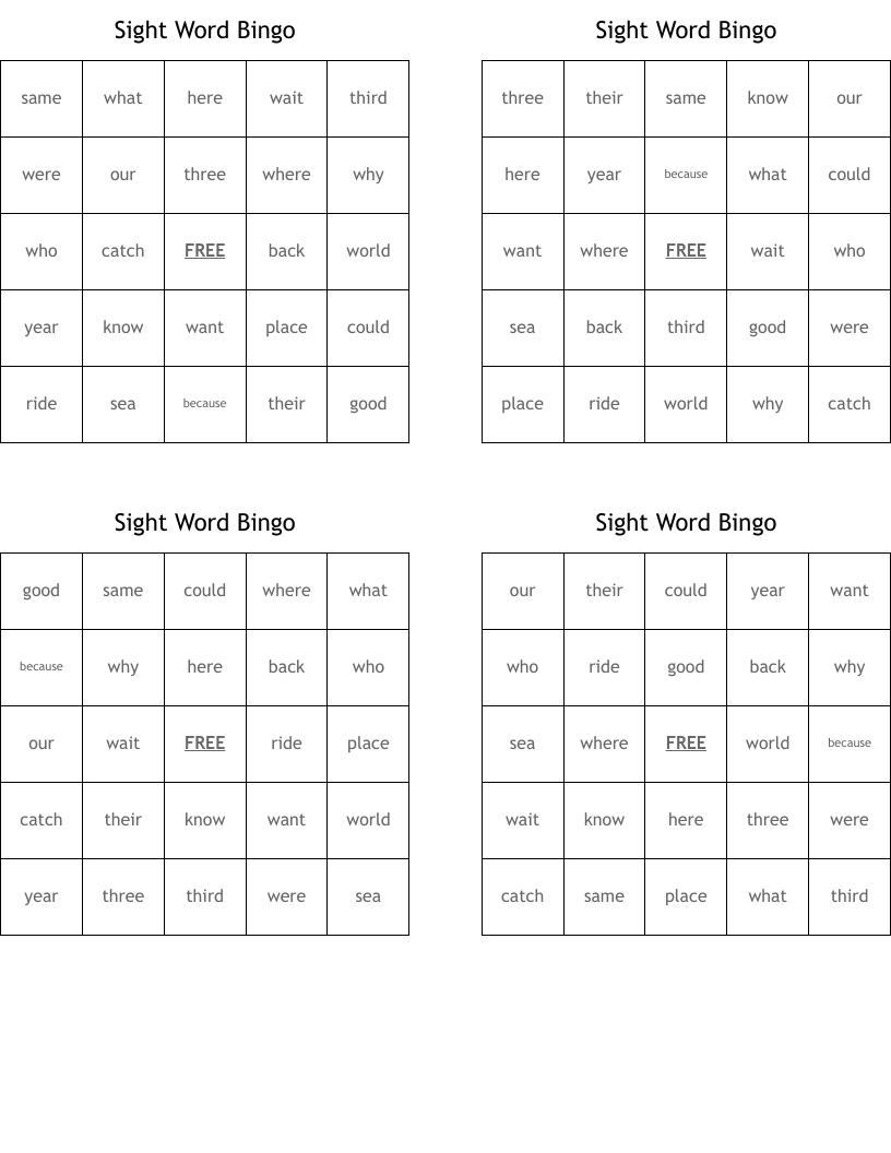 Sight Word Bingo