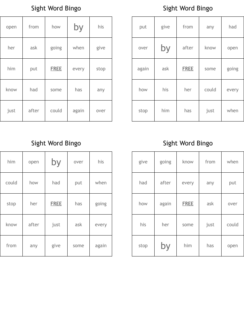 Sight Word Bingo