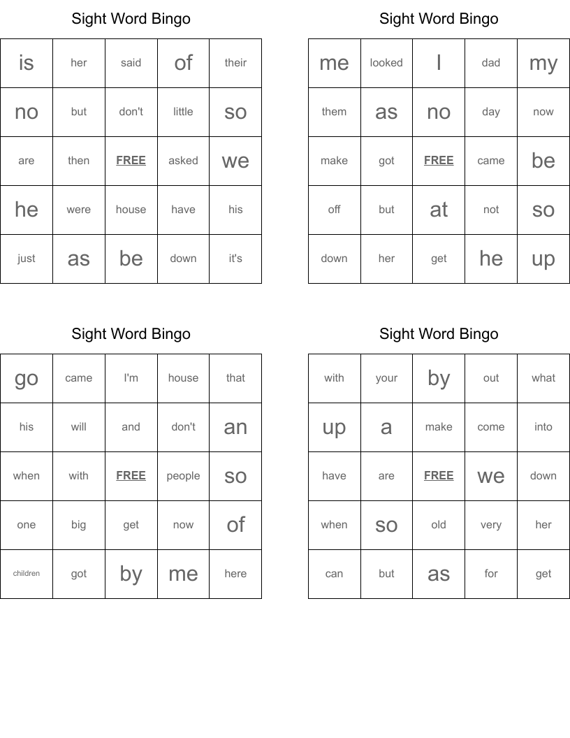 Sight Word Bingo