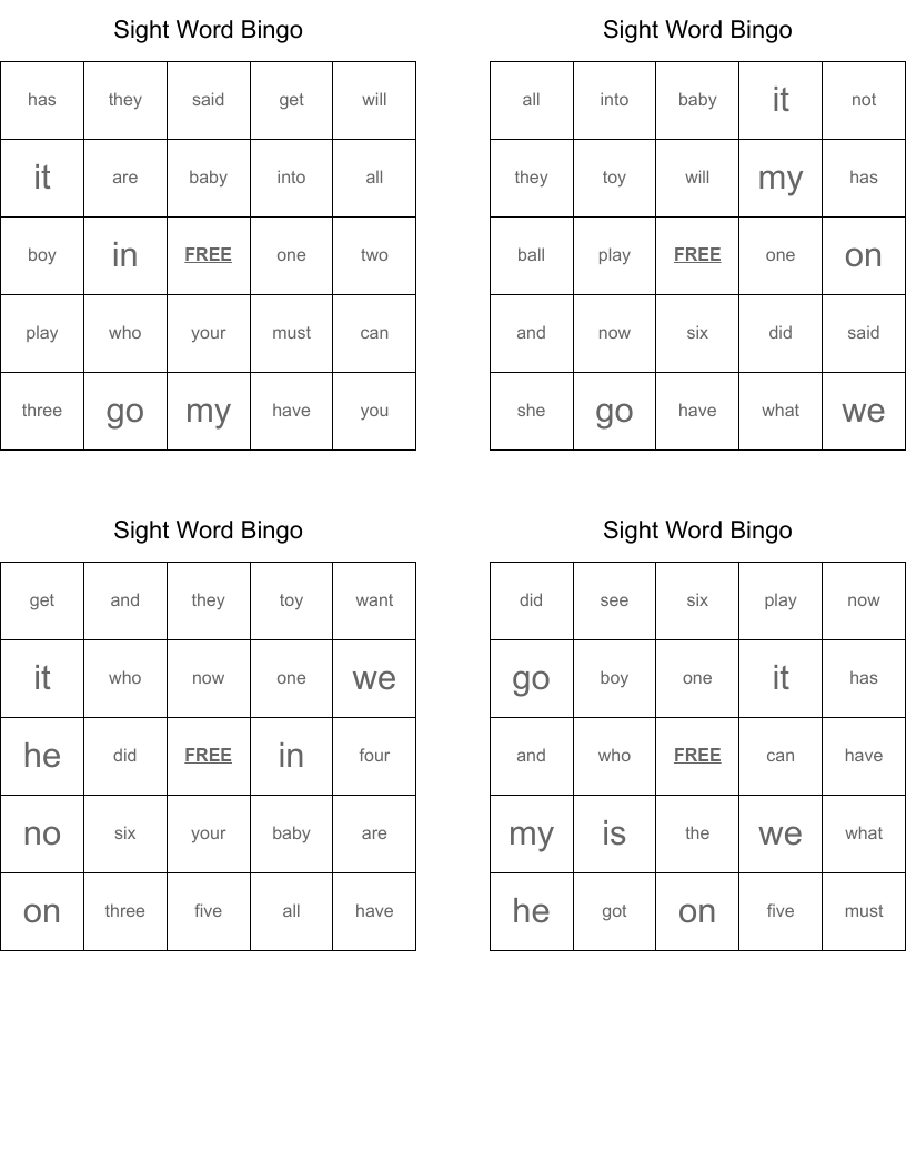 Sight Word Bingo