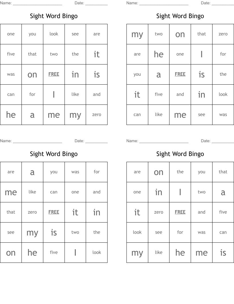 Sight Word Bingo