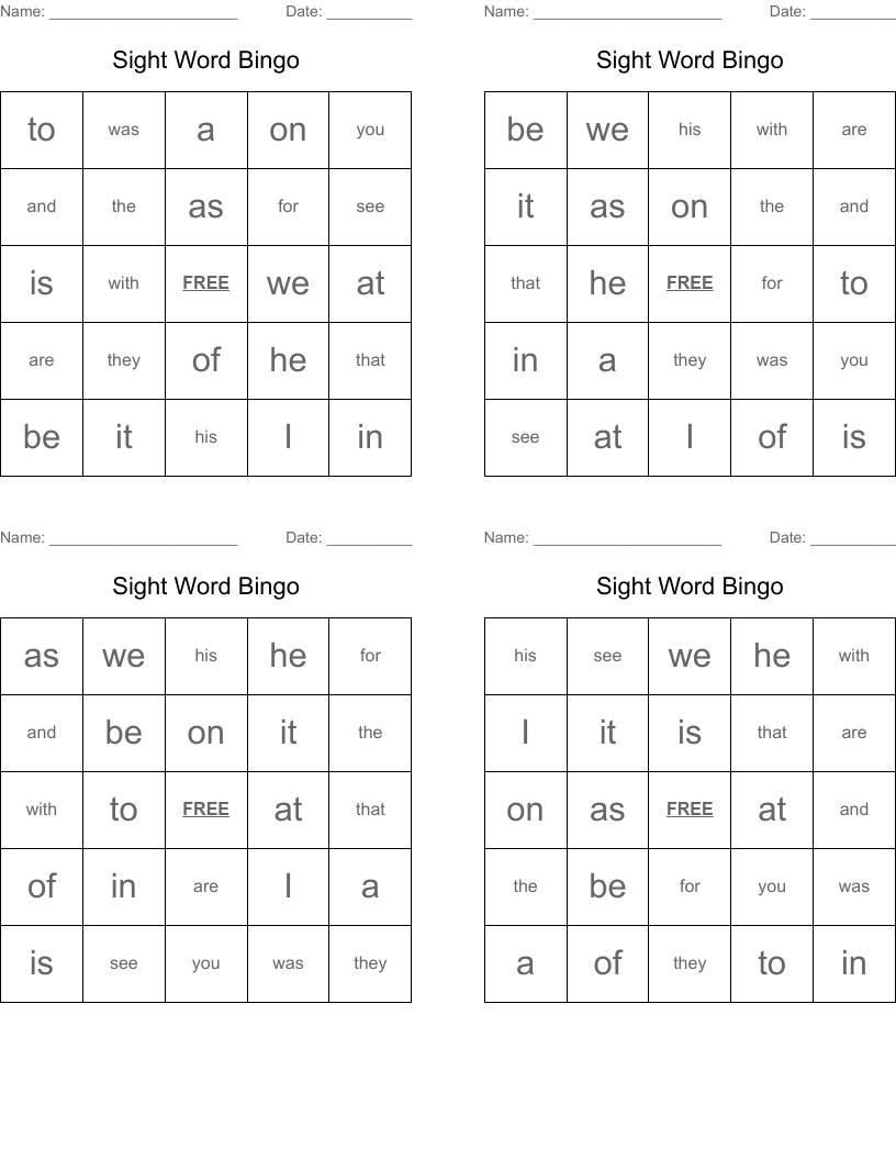 Sight Word Bingo