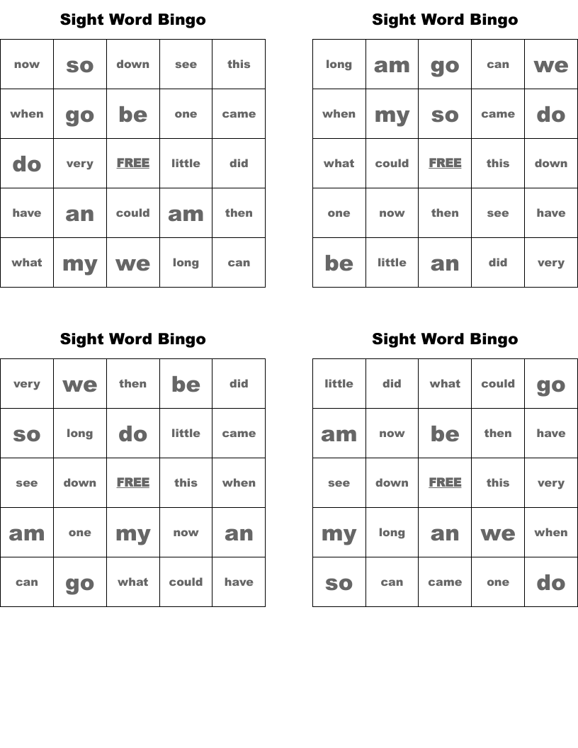 Sight Word Bingo