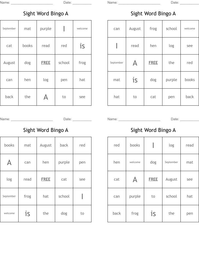 Sight Word Bingo A