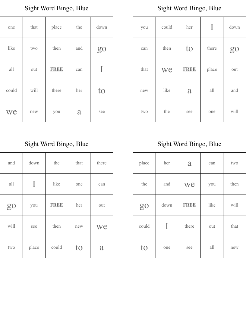 Sight Word Bingo, Blue