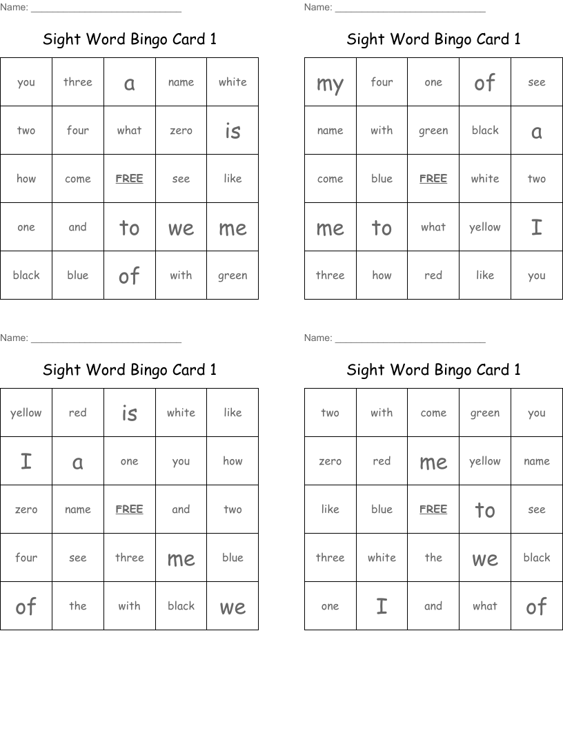 Sight Word Bingo Card 1