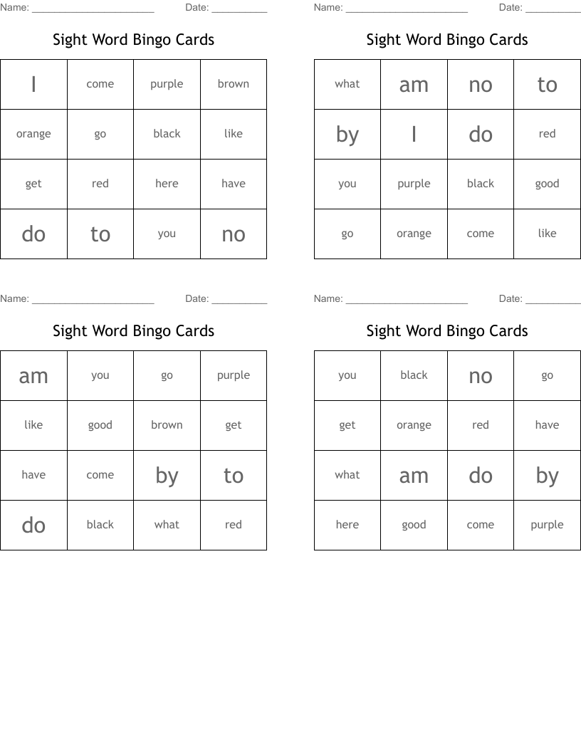 Sight Word Bingo Cards