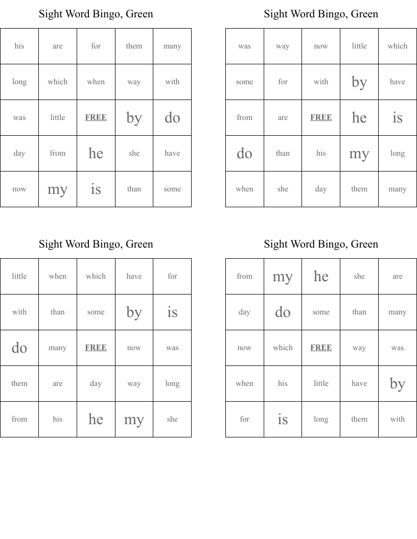 Sight Word Bingo, Green