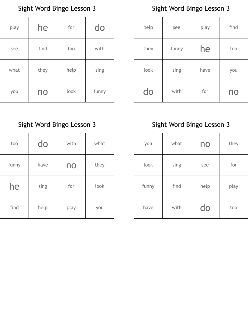 Sight Word Bingo Lesson 3