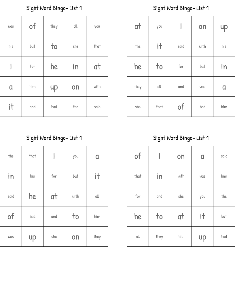 Sight Word Bingo- List 1
