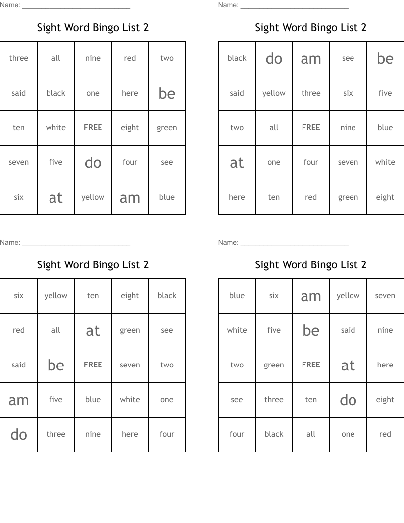 Sight Word Bingo List 2