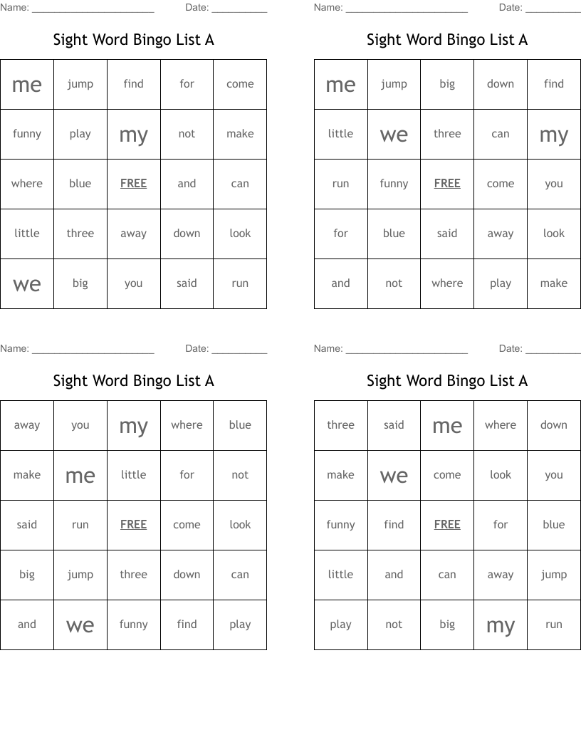 Sight Word Bingo List A