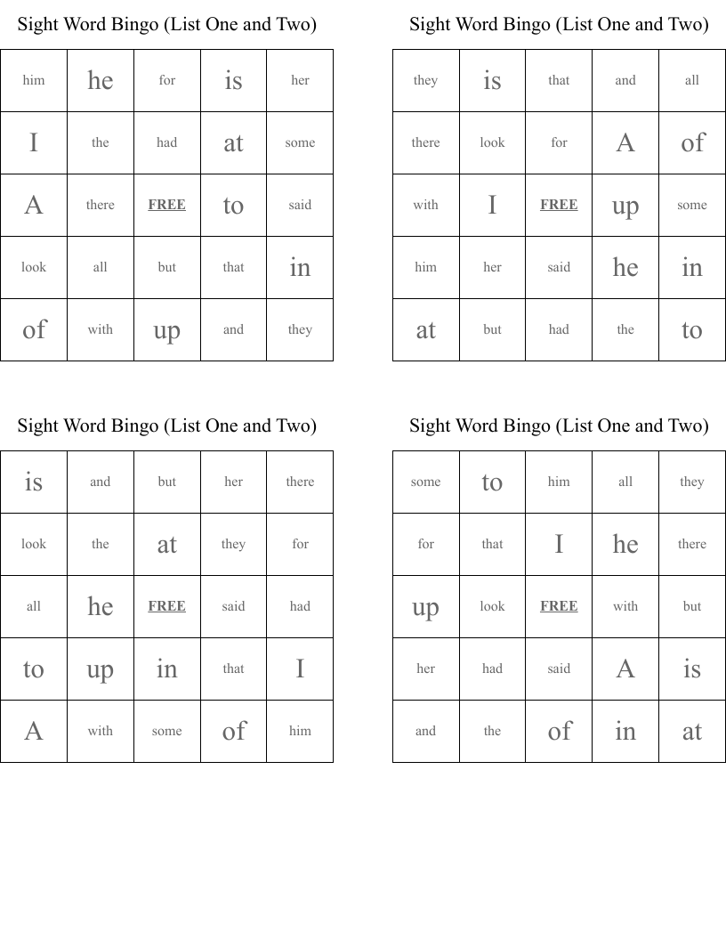 Sight Word Bingo (List One and Two)