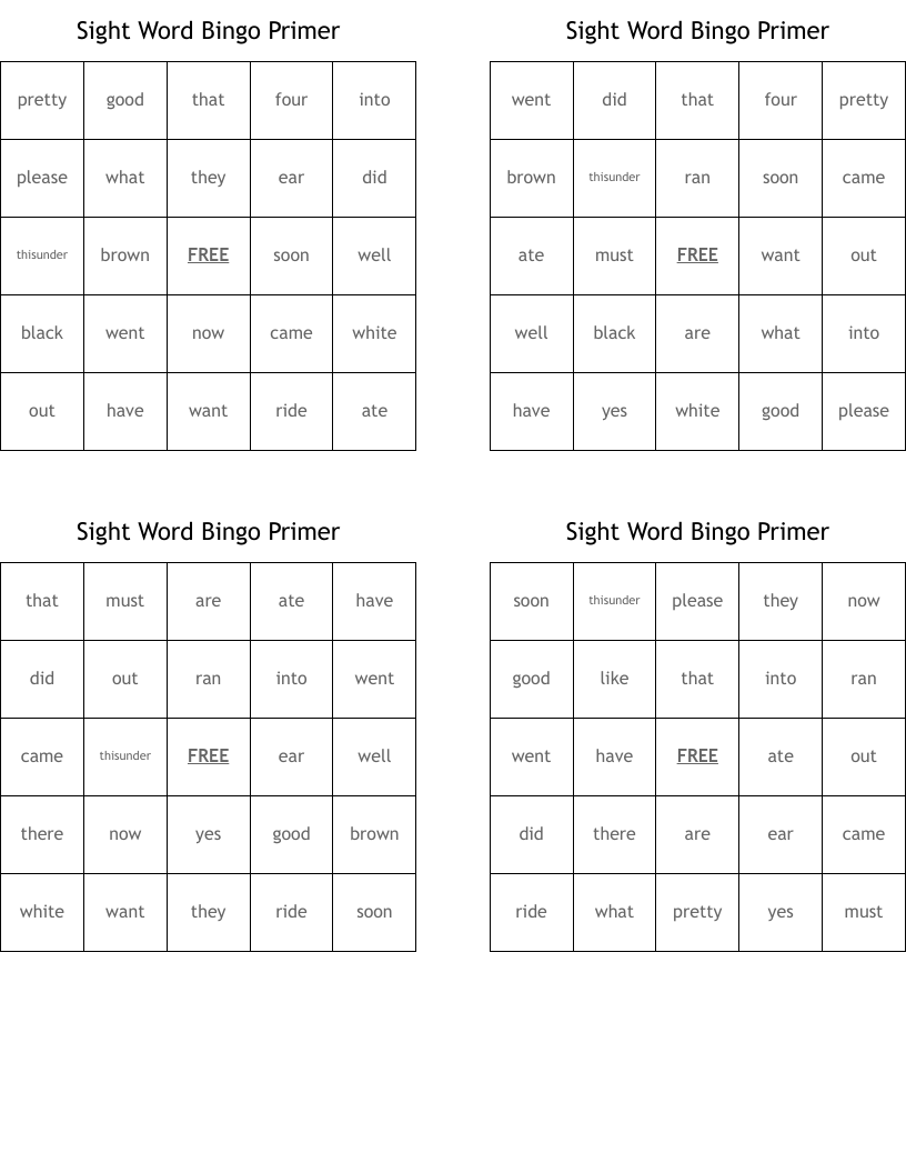 Sight Word Bingo Primer
