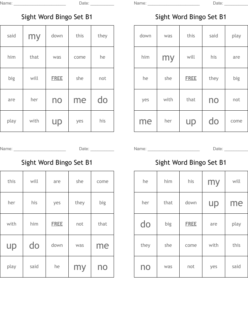Sight Word Bingo Set B1