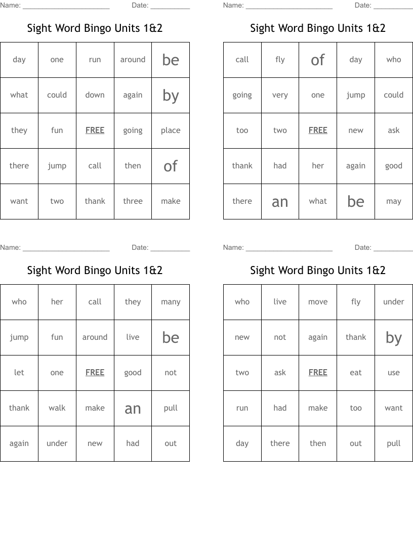 Sight Word Bingo Units 1&2