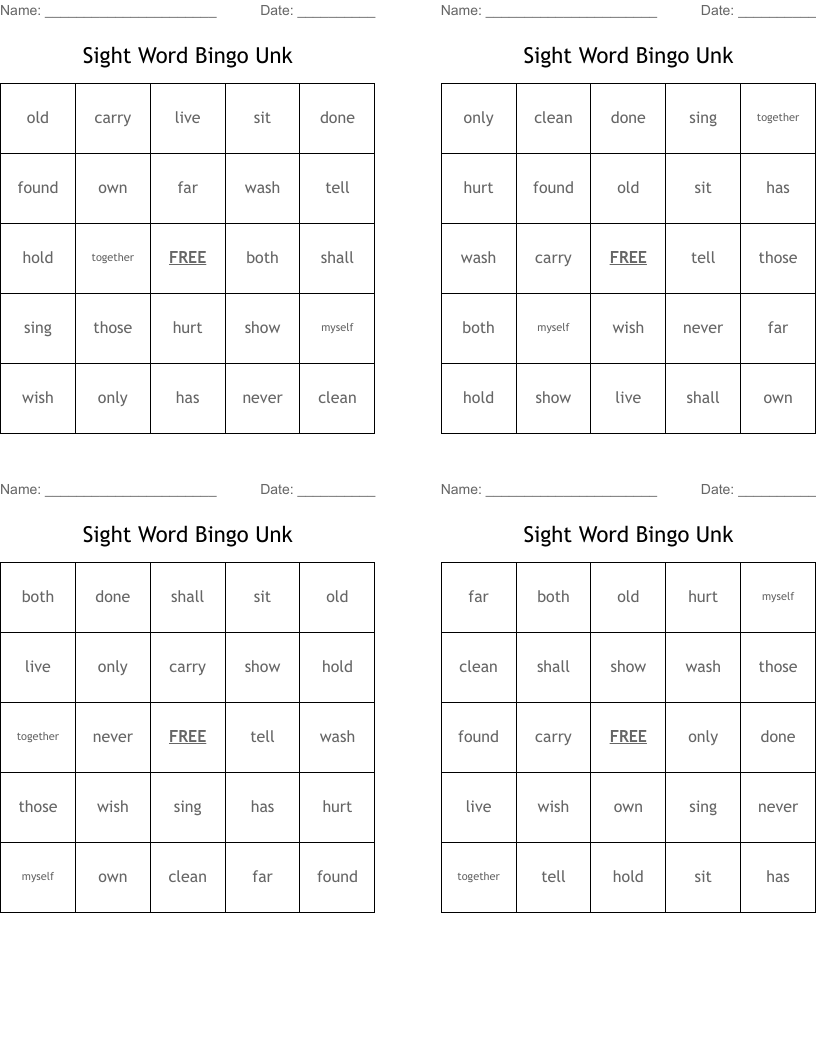 Sight Word Bingo Unk