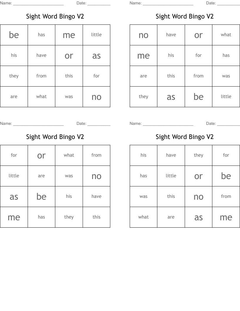 Sight Word Bingo V2