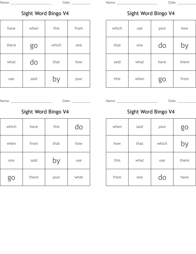 Sight Word Bingo V4