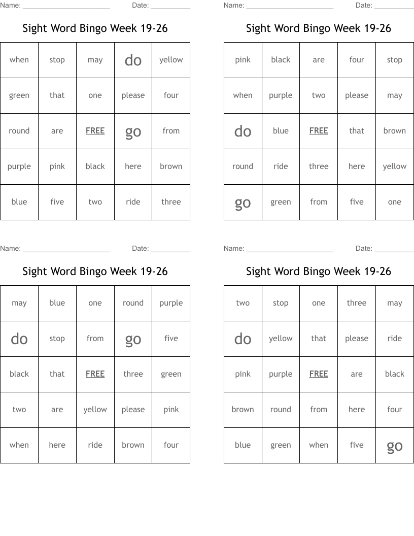 Sight Word Bingo Week 19-26