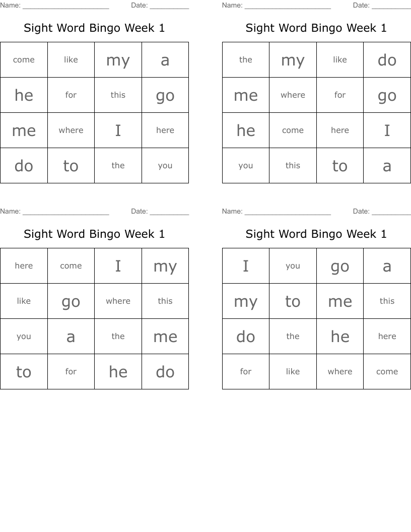 Sight Word Bingo Week 1