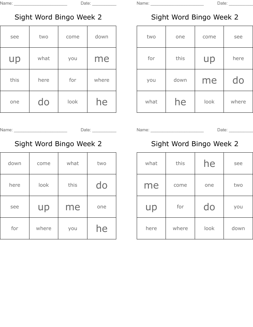 Sight Word Bingo Week 2