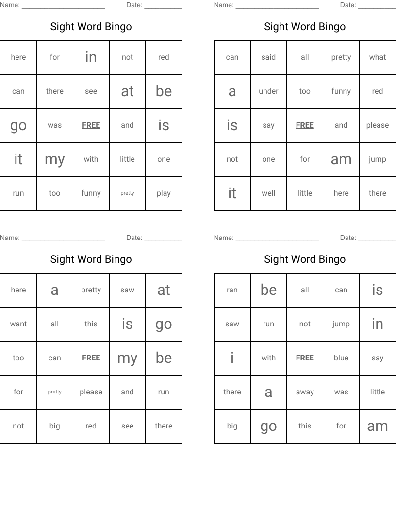 Sight Word Bingo 