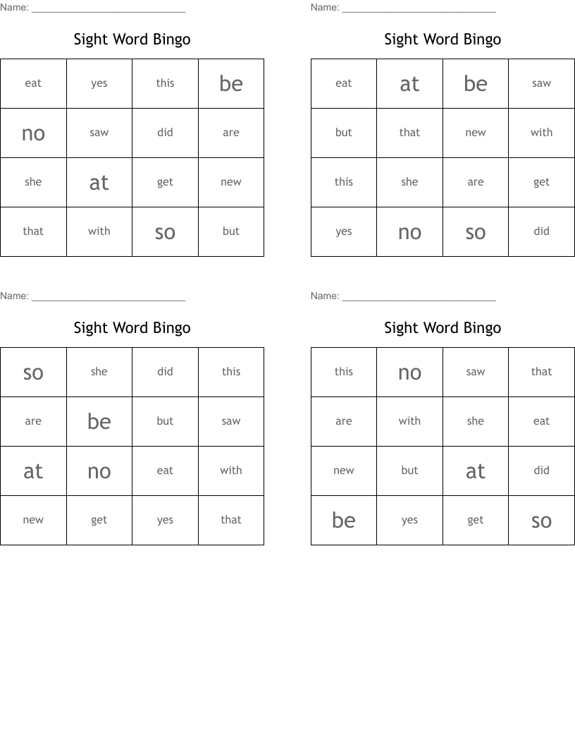 Sight Word Bingo 