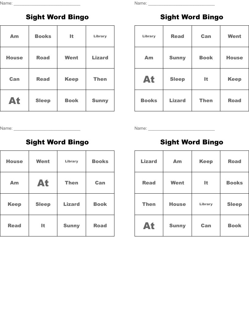 Sight Word Bingo 