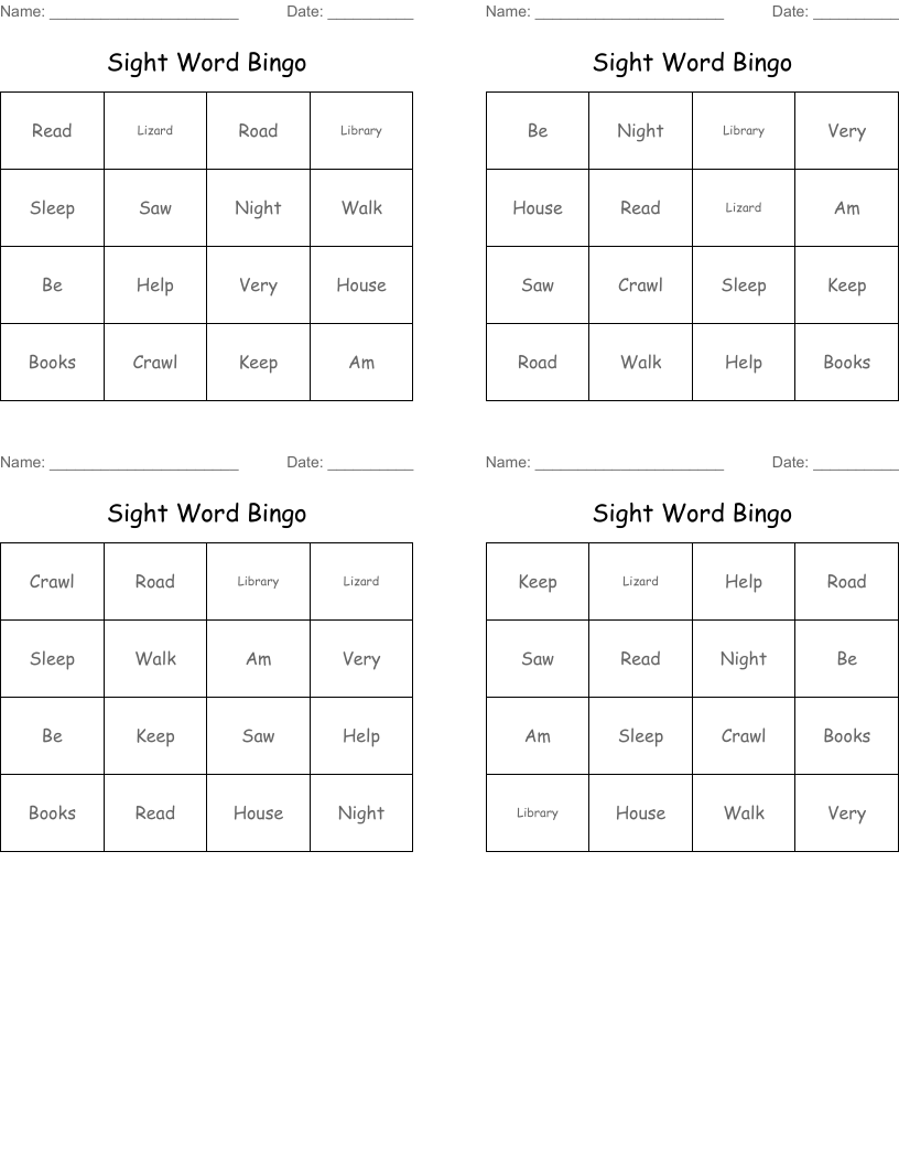 Sight Word Bingo 
