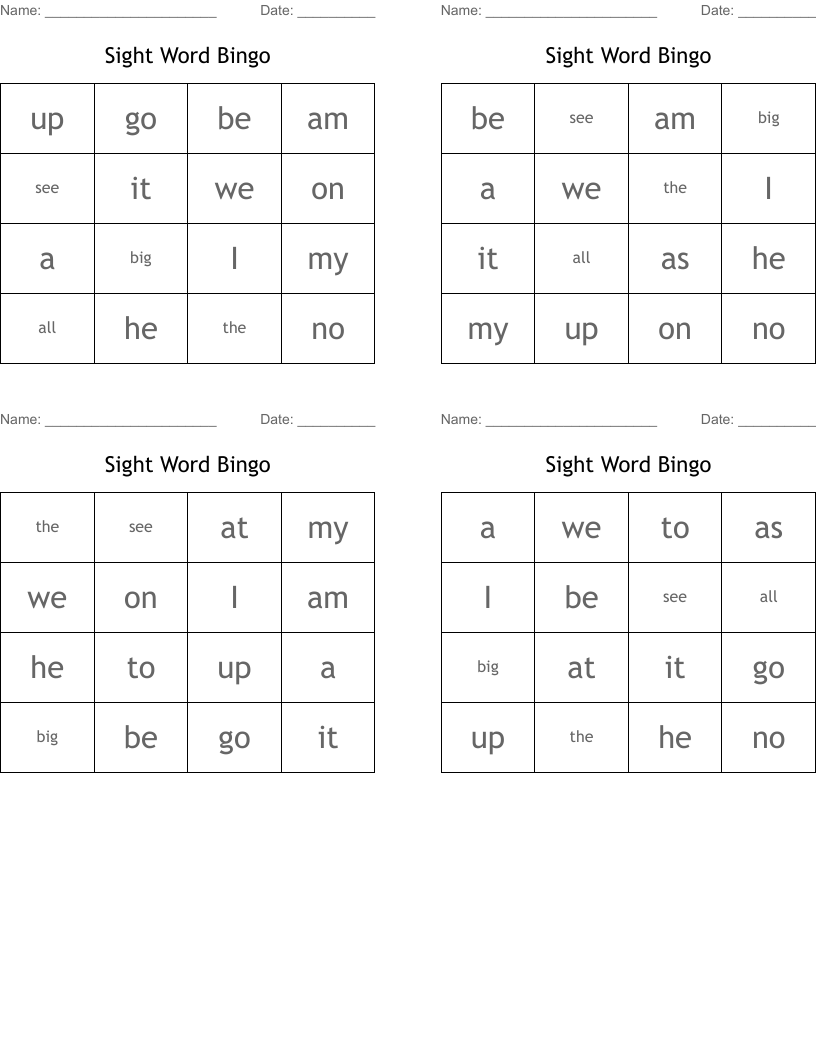 Sight Word Bingo 