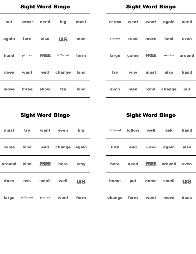 Sight Word Bingo 