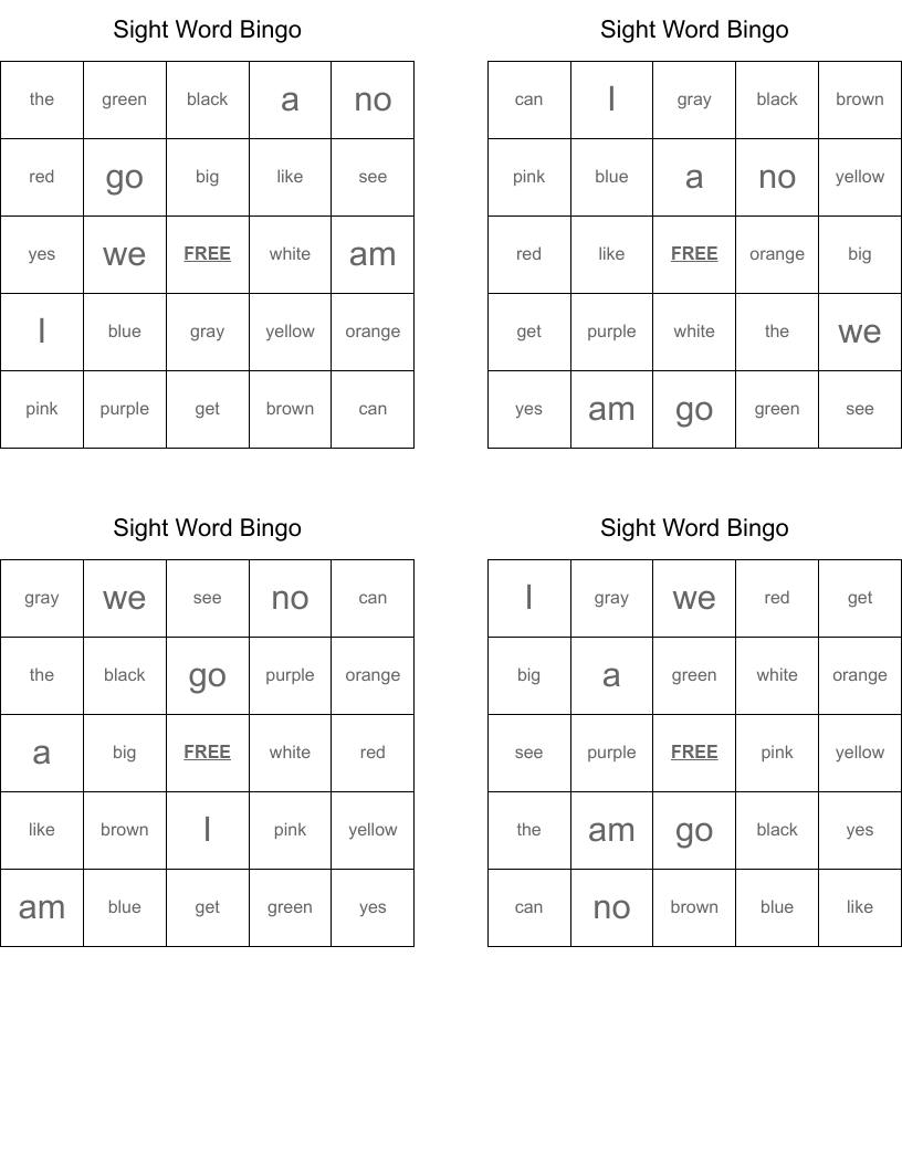 Sight Word Bingo 
