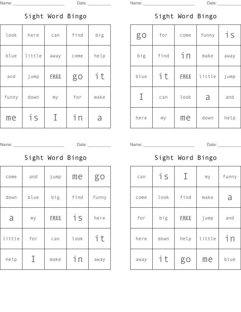 Sight Word Bingo 