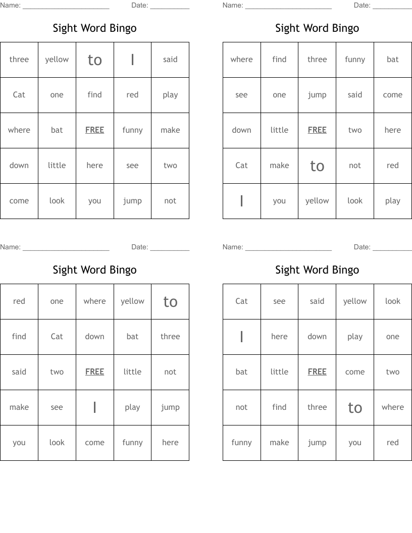 Sight Word Bingo 