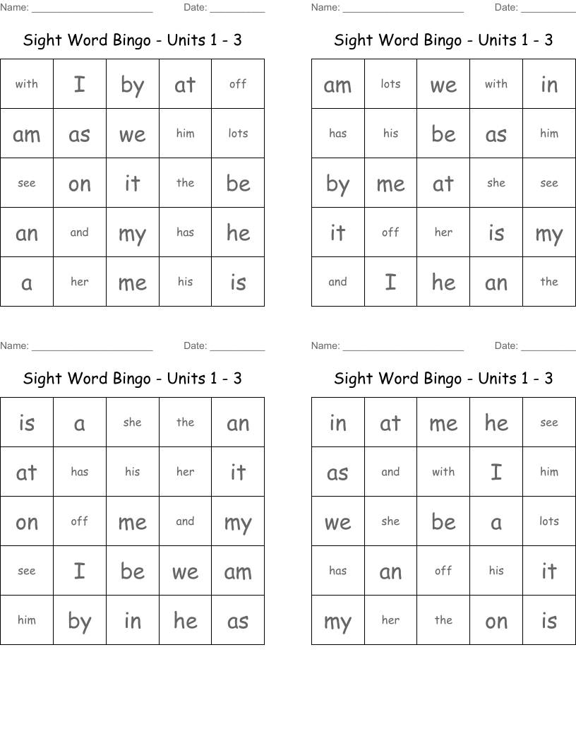 Sight Word Bingo - Units 1 - 3