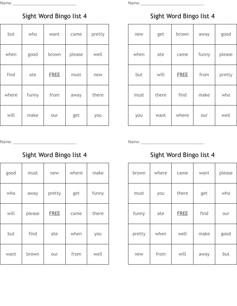 Sight Word Bingo list 4