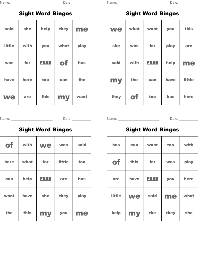 Sight Word Bingos