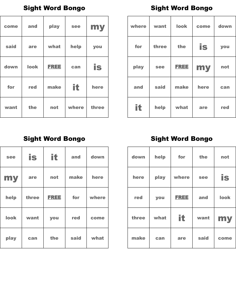 Sight Word Bongo Bingo Cards