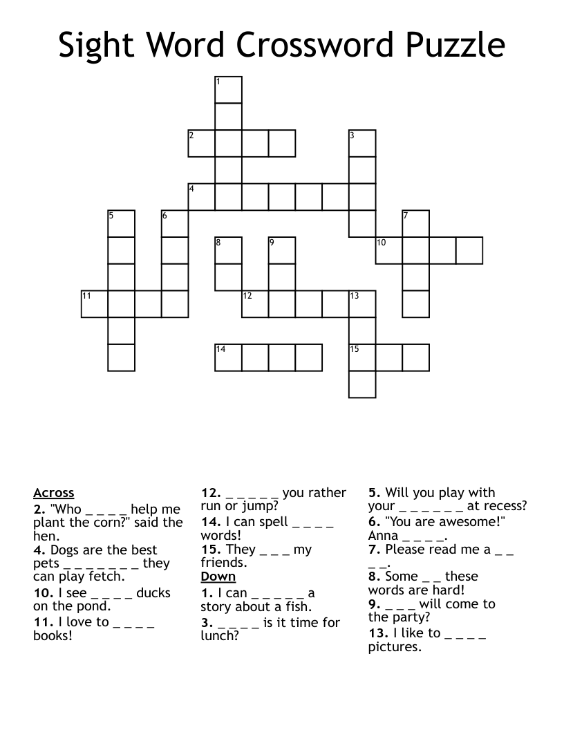 Sight Word Crossword Puzzle