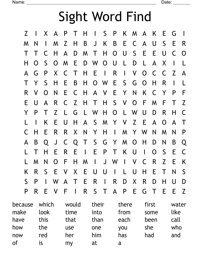 Sight Word Find Word Search