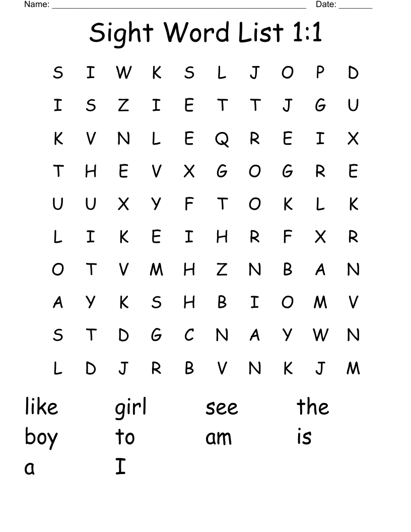 Sight Word List 1:1 Word Search