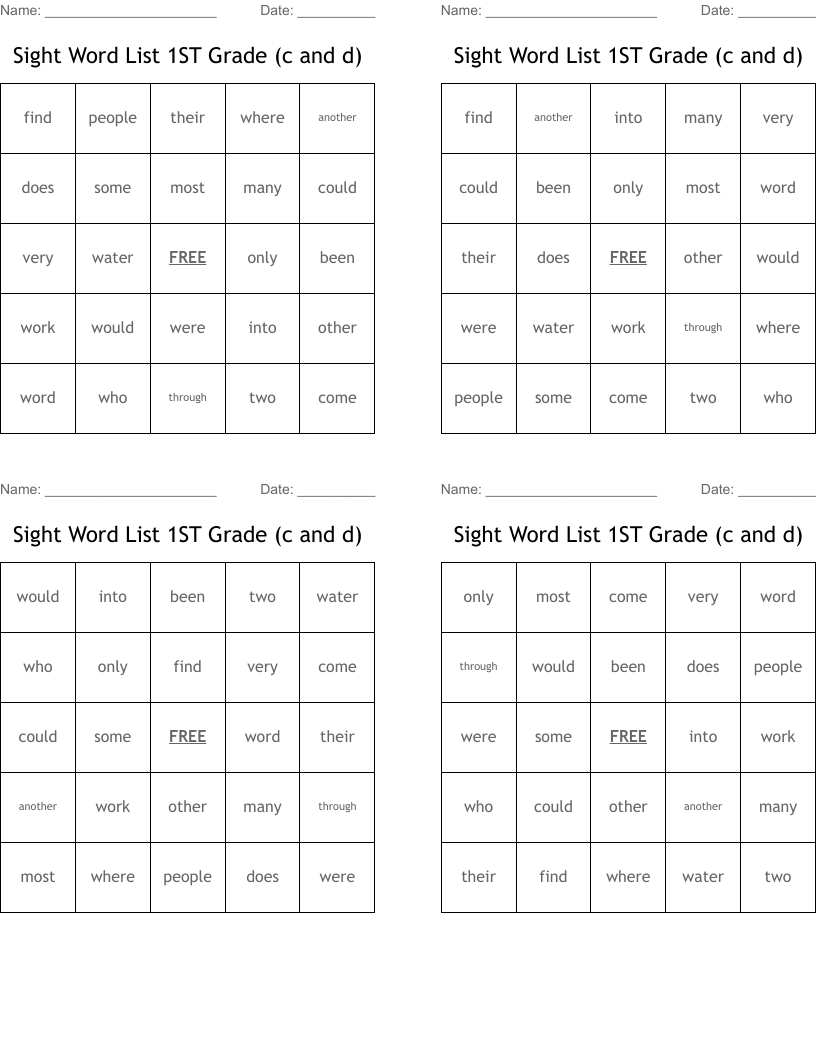 Sight Word List 1ST Grade (c and d) Bingo Cards