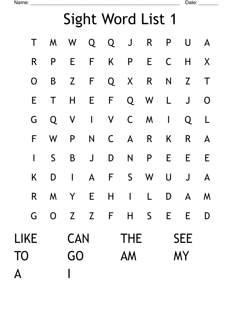Sight Word List 1 Word Search