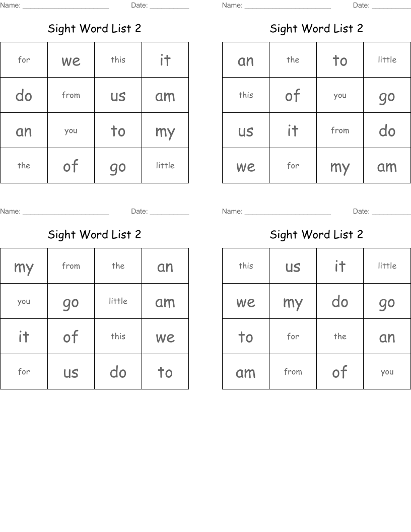 Sight Word List 2 Bingo Cards