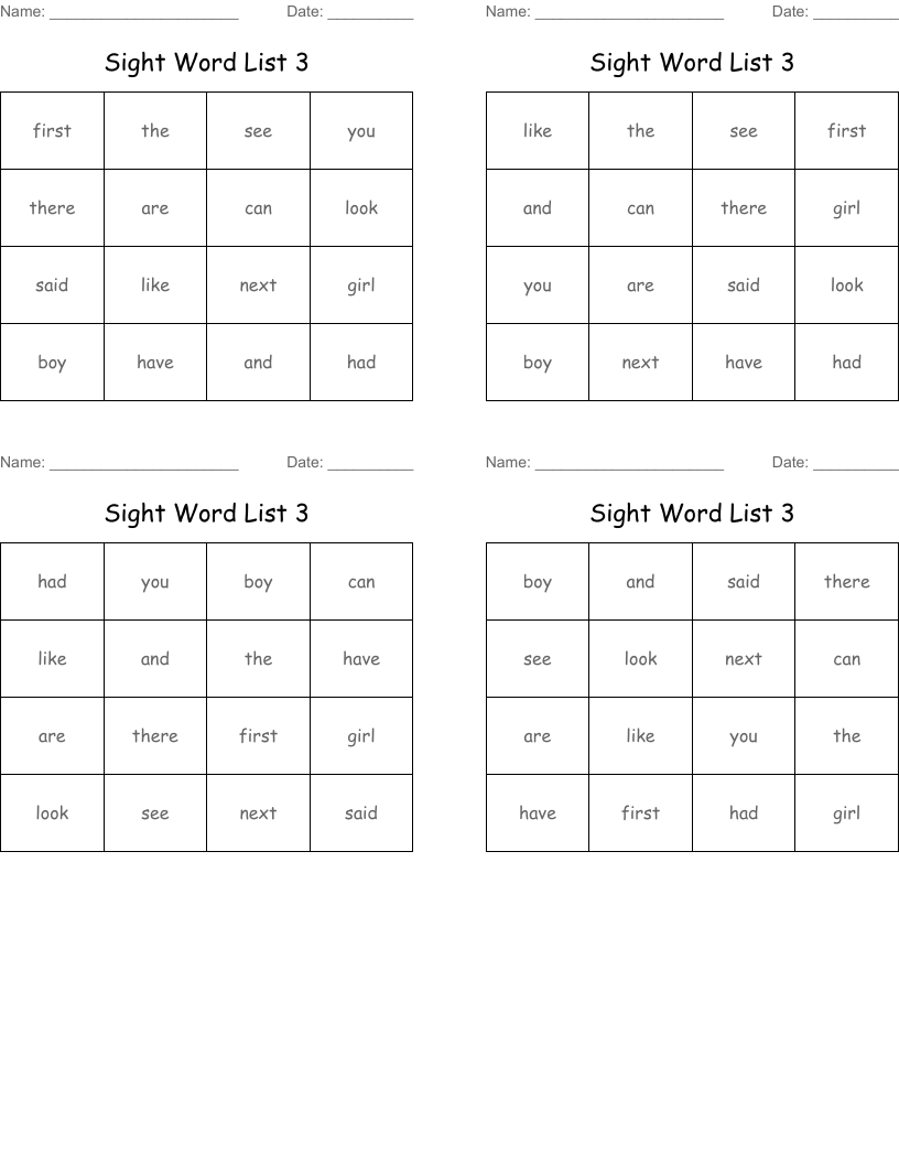Sight Word List 3 Bingo Cards